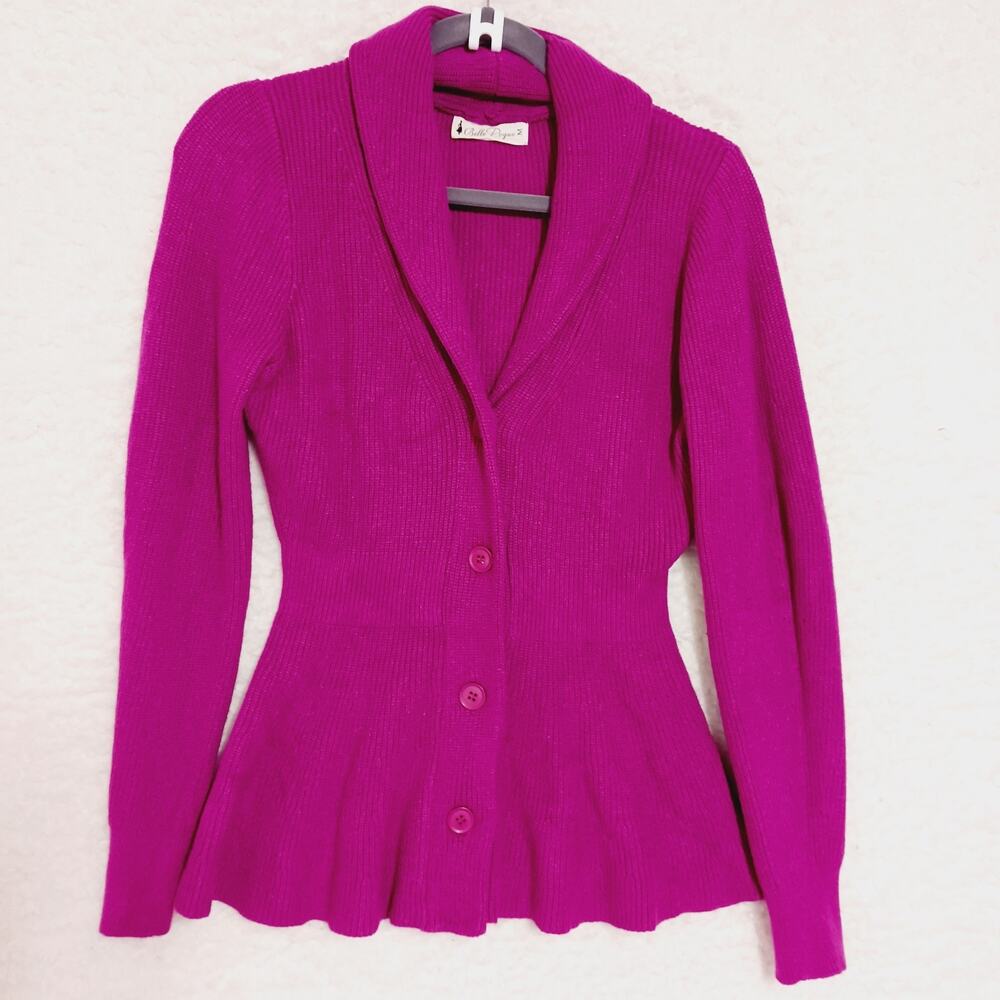 Sweater Cardigan Button-Up Peplum Belle Pogue Ribbed Shawl Collar Pink Size M